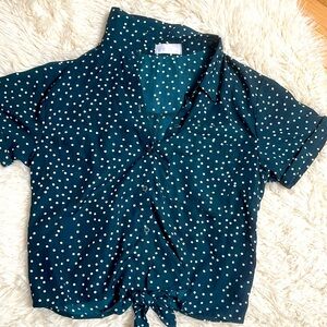 Isalis Teal Polka Dot Button-Up Tie Front Top